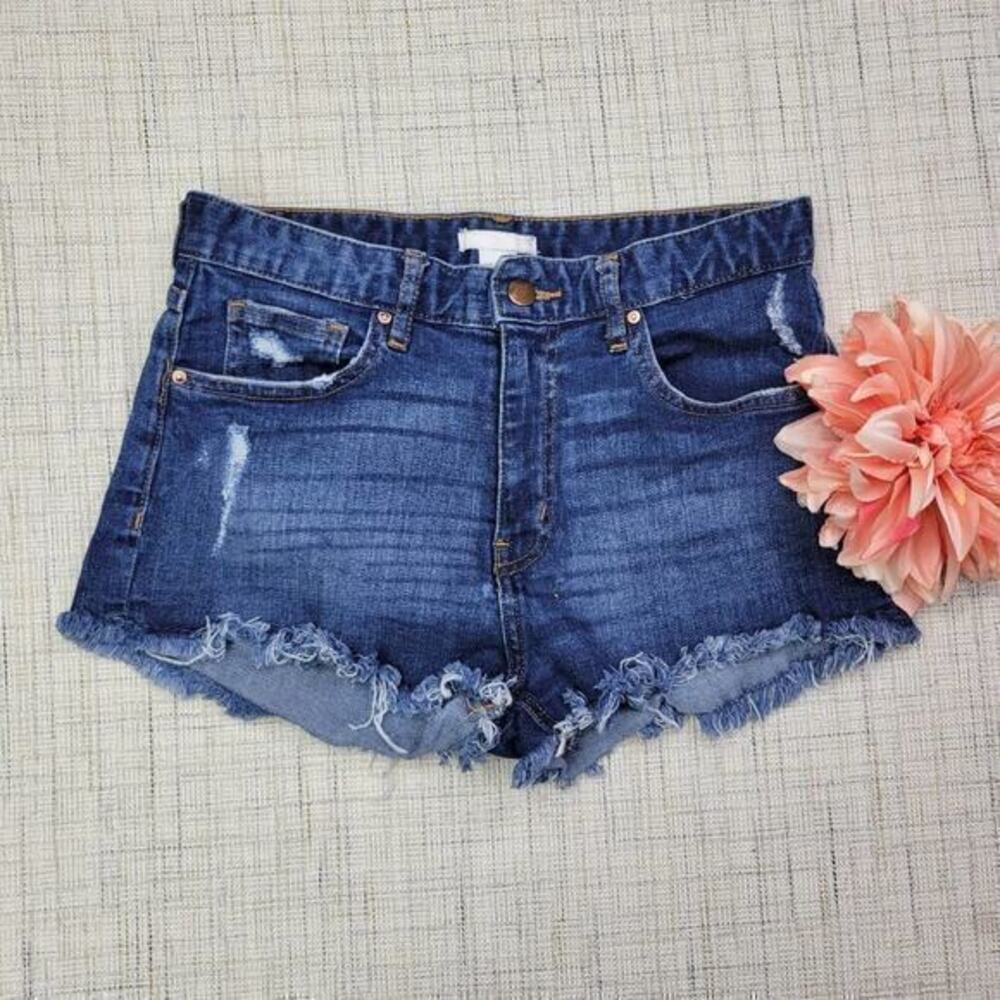 H&M High-Rise Distressed Dark Blue Denim Shorts - Women